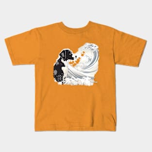 Black and white Dog in Kanagawa Waves Kids T-Shirt